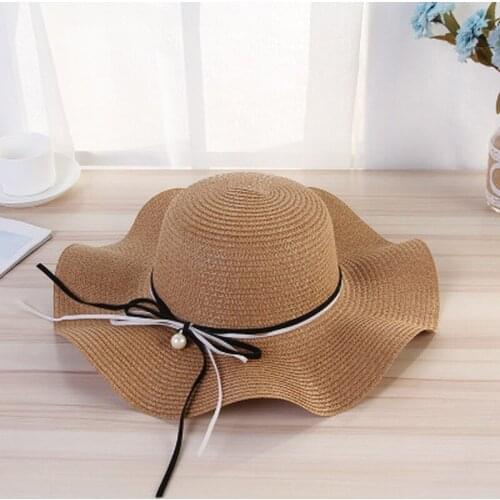Sun Hats Women Wide Brim Pearl Pendant Bow Ruffles Sunshade Straw Weaving Summer Beach Outdoor Women Hat Elegant Sweet Trendy
