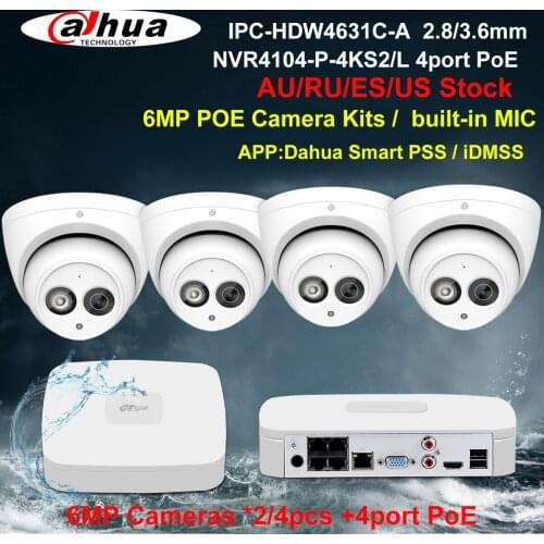 Dahua Security Camera System 6MP PoE CCTV Kit IPC-HDW4631C-A NVR4104-P-4KS2/L 4CH NVR Recorder 2/4pcs IP Camera Build in Mic