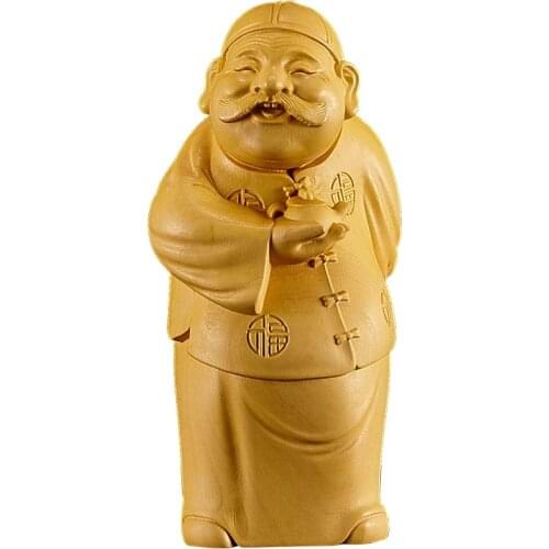 12cm Boxwood Carving Rich Man Sculpture Landlord Statue Wood Lucky Chinese Style Room Decoration Carving Crafts Small Ornaments