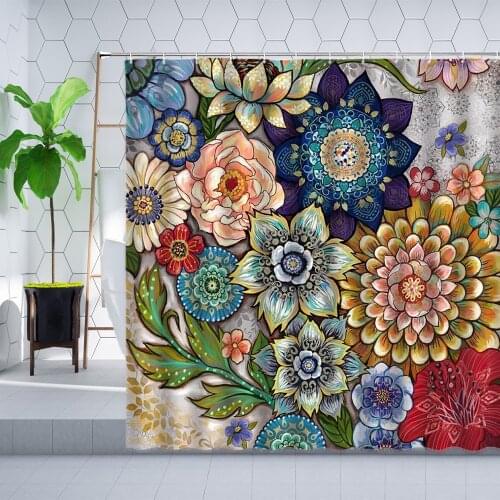 Retro Flower Shower Curtain Bohemian Ethnic Style Plant Colorful Mandala Floral Wall Cloth Decor Hanging Curtains Sets Polyester
