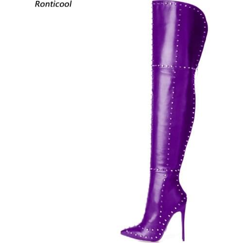 Ronticool Modern Women Winter Thigh Boots Sexy Studded Stiletto Heels Pointed Toe Gorgeous 10 Colors Shoes Women Us Size 5-15
