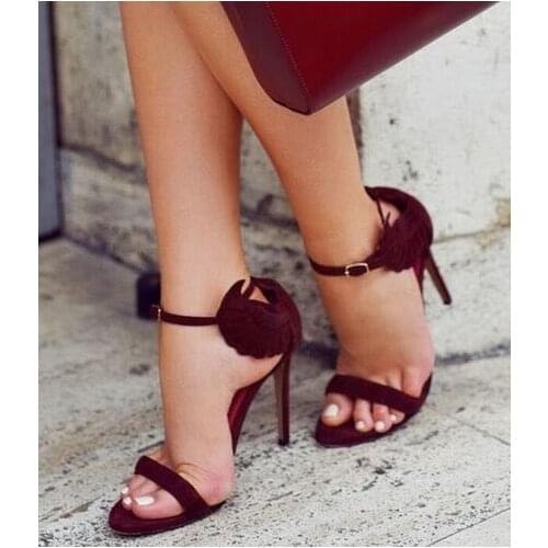 Woman Wine Red Suede Sandals Newest Wings Decorated Ankle Buckles Open toe High Heeled Sandals Sexy Cut-out Dress Shoes