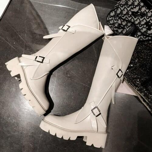 Winter Women Fashion Knee High Boots Block Med Heels Thick Platform Shoes Knight Boots Buckle Genuine Leather Biker Riding Boots