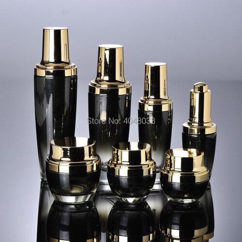 10 pcs Emulsion Bottle Press Pump Bottle Black Glass Essence Liquid Vial with Gold Cover Portable Refillable Cosmetic Container