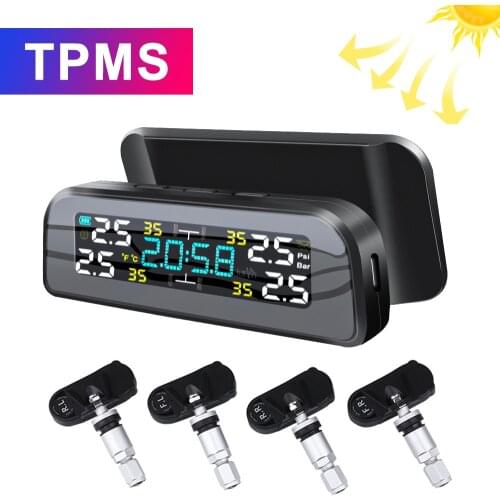 Car TPMS Tire Pressure Alarm Monitor System 4 External Internal Sensors Temperature Warning Fuel Display Attached wireless Solar