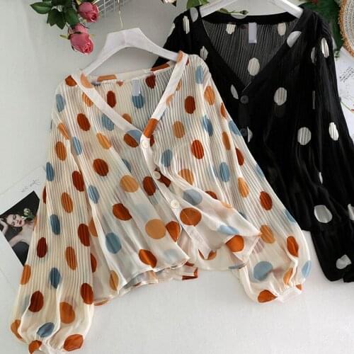 Spring Autumn Pleated Wave Point Shirt Women V Neck Print Chiffon Shirts Female Casual Loose Long Sleeve Oversize Blouse Mujer