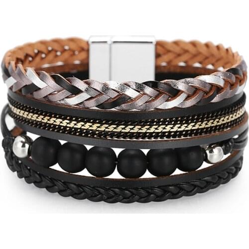 ORNAPEADIA Bohemian Style Bracelet for Women Multi-layer Woven Leather Beaded Bangles Wholesale Pulceras De San Benito