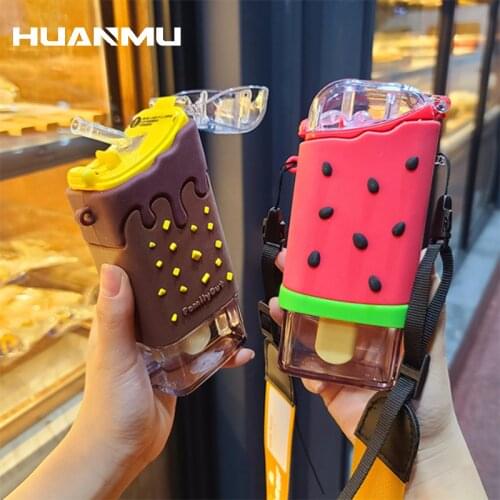 New Summer Cute Donut Ice Cream Water Bottle With Straw Creative Square Watermelon Cup Portable Leakproof Tritan Bottle BPA Free