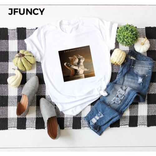 JFUNCY Funny Cats Print 100%Cotton Summer T Shirt Women Short Sleeve T-shirt Female Tees Plus Size Casual Lady Basic Tops