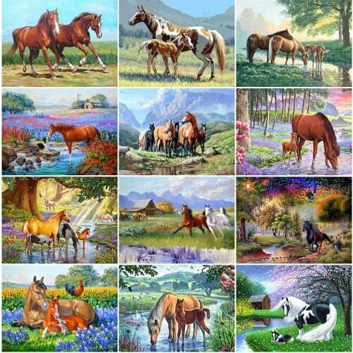 KAMY YI Animal Grassland Horse River Diamond Painting Cross Stitch Set 5D Diy Full Diamond Embroidered Mosaic Home Decoration