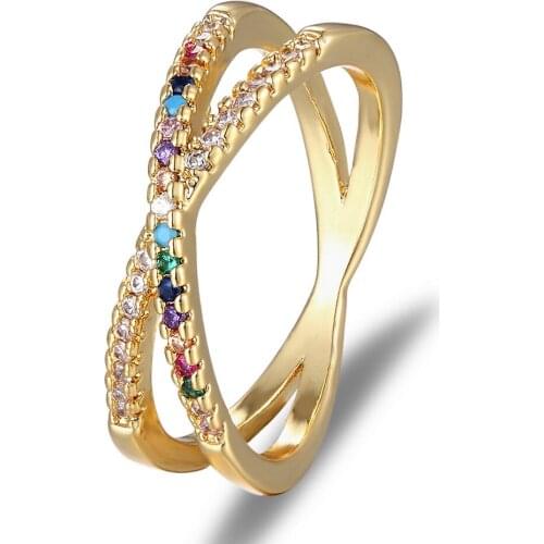 Classic Fashion Charm Cross Design Cubic Zirconia Rings Rainbow Rhinestone CZ Copper Wedding Bands For Women Statement Jewelry