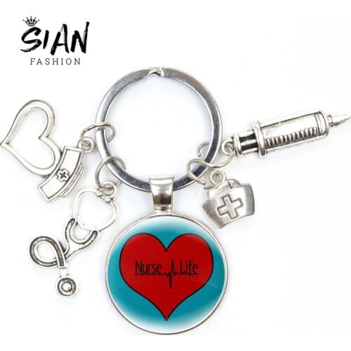 Unisex Creative Nurse Medical Syringe Stethoscope Image Keychain Handmade Glass Cabochon Car Key Ring Jewelry Doctors Gifts