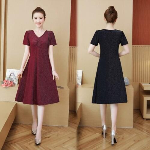 Summer A-line Solid Knee-length Fashion Elegant Casual Streetwear V-neck Short Sleeve Wine Red Black Plus Size Party Dress