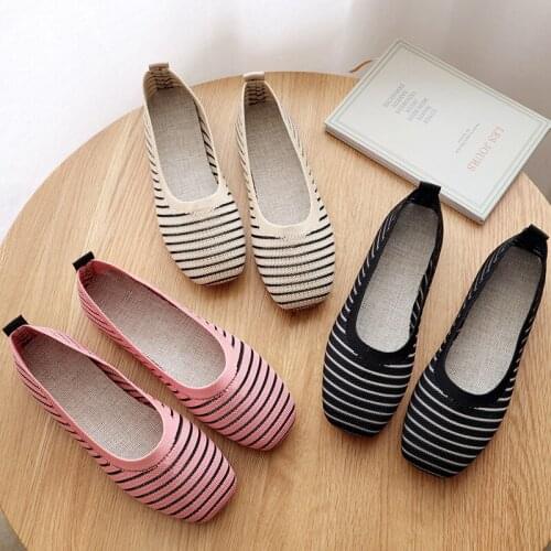 Hot selling fashion brand womens shoes 2021 new striped soft-soled knitted flat shoes maternity square toe casual peas shoes