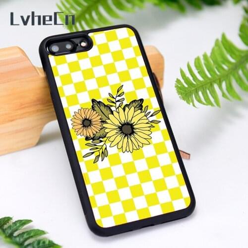 LvheCn Silicone Rubber Phone Case Cover for iPhone 6 6S 7 8 Plus X XS XR 11 12 Mini Pro Max Sunflowers Yellow Checkers