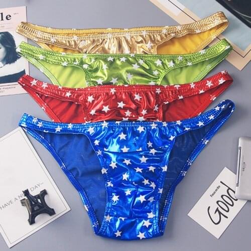 Fashion Mens Briefs Sexy Artificial Leather Star Print Underpants Brief Underwear Mans Underwear Thongs Sexy Men Bikini Panties