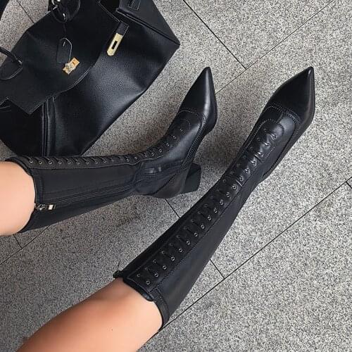 Pointed Toe Motorcycle Boots Womens Thick Heel Long Boots British Style Design Lace-Up Ladies Boots Sexy Black Botas De Mujer