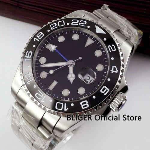 BLIGER 43mm Black Sterile Dial Ceramic Rotating Bezel Blue GMT Pointer Luminous Marks Sapphire Automatic Movement Mens Watch