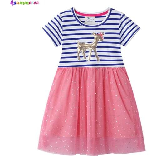 Striped Girls Unicorn Summer Dresses Children Sequins Tutu Dress Kids Short Sleeve Cotton Frocks Baby Girl Princess Clothes
