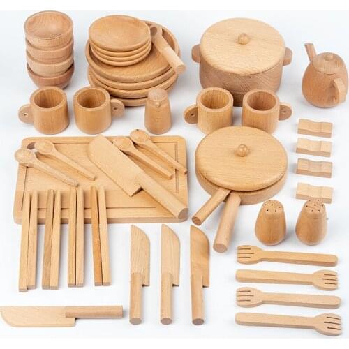 New 52pcs Wooden Kitchen Toys Set Pretend Play Kitchen Set Simulation Kitchenware Miniature Food Educational Toys Gift For Kids