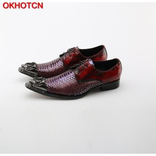 OKHOTCN Genuine Leather Men Dress Shoes Fashion Fish Scale Grain Wedding Shoes Metal Pointed Toe Office Business Oxfords Shoes