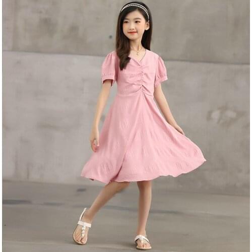 Girl Dress Summer Short Sleeve Pink Kids Dresses for Girls Chiffon V Neck Knee Length Teen Children Clothing Princess Costume