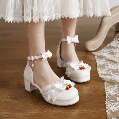 PXELENA Sweet Uniform Cosplay Anime Sandals Girls Princess Fairy Ruffles Strawberry Butterfly-knot Dress Party Shoes Size 34-48
