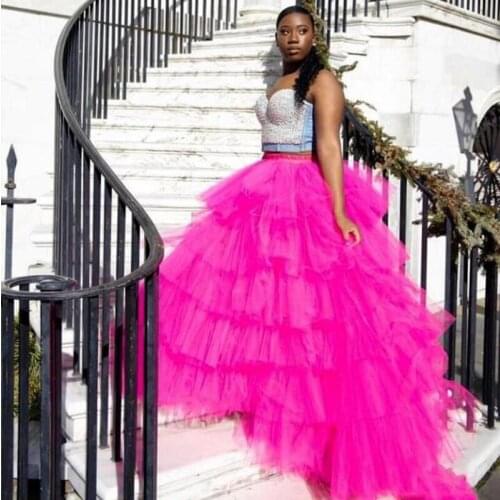 Puffy Hot Pink Draped Tulle Long Women Skirts To Birthday Prom Party Elastic Ruffles Tiered Tulle Skirt Female Mesh Maxi Skirt