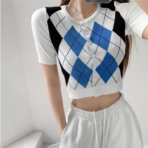 TVVOVVIN Fashion Diamonds Lattice Open Navel Short Cardigan Sweater Women Crew Neck Single Breasted Knitting Tops Lw4q