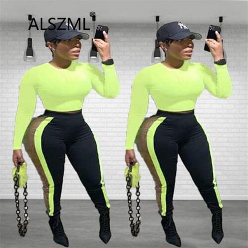 High Street Chic Fluorescent Green O Neck Long Sleeve Crop Top And Black Leggings 2 Pieces Set Young Party Tracksuits