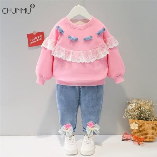 Spring Autumn Infant Baby Girls Clothes Set Fashion Kids Clothes Lace Bowknot Tops Jeans 2Pcs Suit Children Clothing For Girls