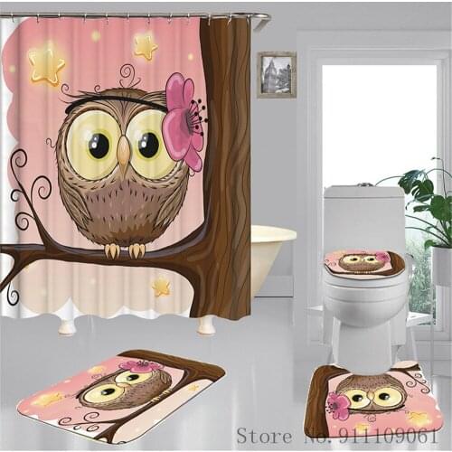 Lovely Owl Bird Print Shower Curtain Creative Waterproof Polyester Fabric Bathroom Partition Curtains Non-slip Bath Toilet Mat