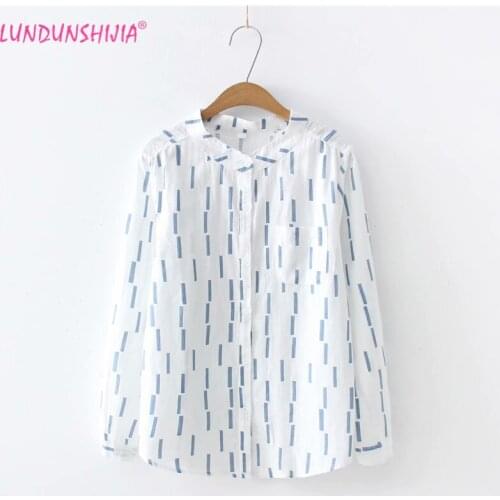LUNDUNSHIJIA Women Blouse 2019 Spring Autumn 100%Cotton Shirt Long Sleeve Stand Collar Blue Stripe Tops Blusas Femininas