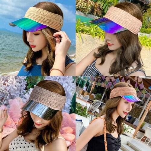 Women Summer Empty Top Woven Straw Sunscreen Cap Hologram Transparent Panel UV Protection Adjustable Outdoor Beach Sun Visor Hat
