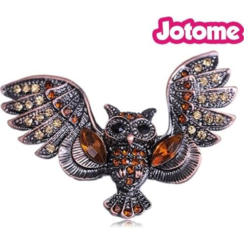 Womens Fashion Brooches Antique Gunmetal Tone and Colored Rhinestones Animal 60mm Owl Bird Wings Brooch Pins