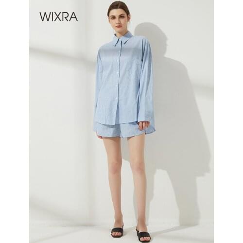 Wixra Womens Striped Blouse Sets Street Style Turn Down Collar Pocket Shirts+ Elastic Waist Shorts Casual Clothing Summer