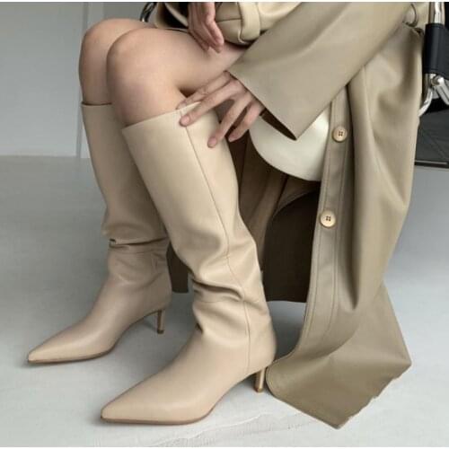 2021 Women Genuine Leather Knee High Boots Pointed Toe Thin Heel Slip on Party Club Winter Ladies Footwear Zapatillas Mujer