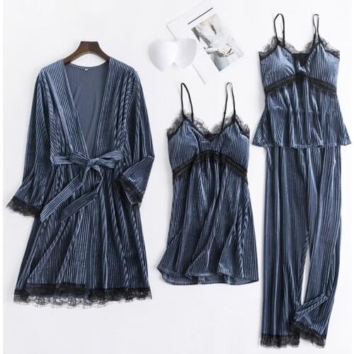 Women Velour 4PCS Pajamas Set Nightwear Casual Sleepwear Sexy Thick Home Clothing Velvet Autumn Winter Intimate Lingerie
