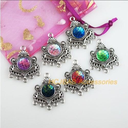 6 New Round Charms Tibetan Silver Tone Resin Mixed Flower Connectors 26x31mm