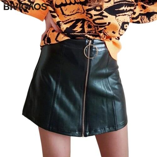 BIVIGAOS Womens New Fashion Korean High Waist Mini Skirts Big Ring Zip PU Leather Skirt A-line Skirt For Spring Autumn Winter