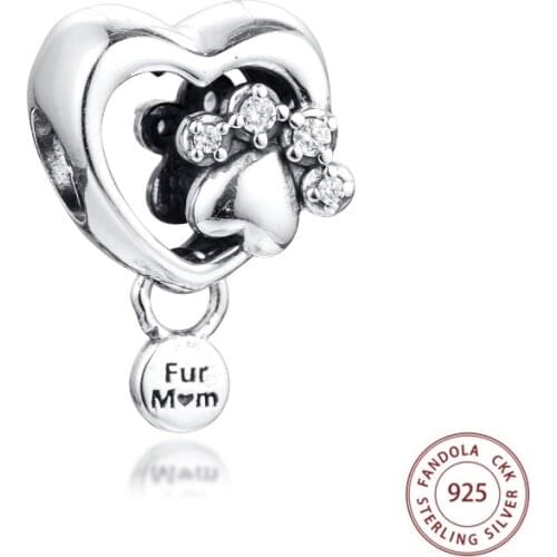 Fits Pandora Bracelet Original 925 Sterling Silver Sparkling Paw Print & Heart Charms Clear CZ Beads for Jewelry Making Kralen