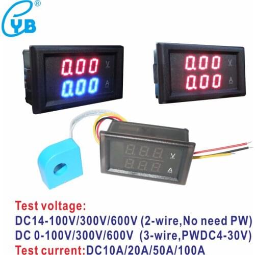 YB28VA DC Voltage Current Meter 10A 20A 50A 100A 0-100V 300V 600V Hall LED Digital Voltmeter Ammeter Dual Tester Ampere Amp Volt