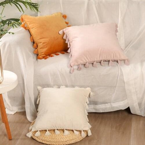 Sofa Chair Cushion Car Nordic Style Lace Cushion Cover Pillow Big Tassel Velvet Solid Color Beige Yellow Pink Pillowcase