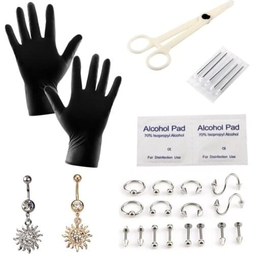 14G/16G Navel Rings Nombril Belly Button Rings Body Jewelry Nose Piercing Rings Clamp Gloves Needles Tool Kit Ear Plug Studs Set