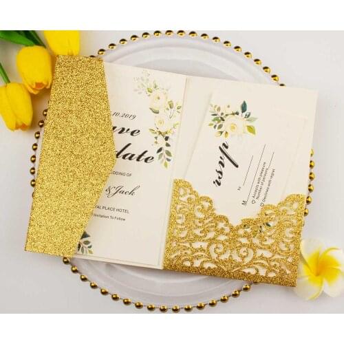 Free shipping 50X Luxury glitter gold wedding invitations envelope personalized inserts rose laser cutting pocket fold invite