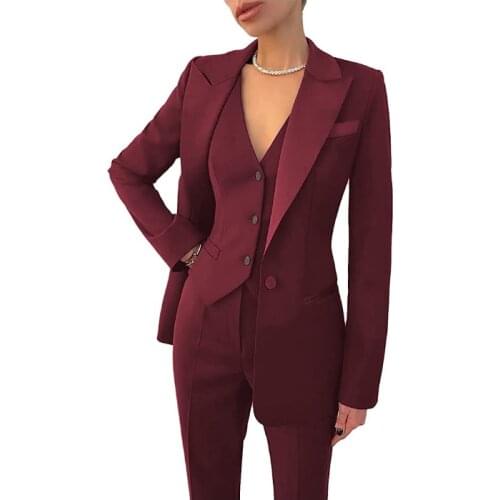 Burgundy Pant Suits Office Female Suit Womens Stylish Tuxedos Lady Slim Fit Casual 3 Pieces Blazer Vest Pants Set