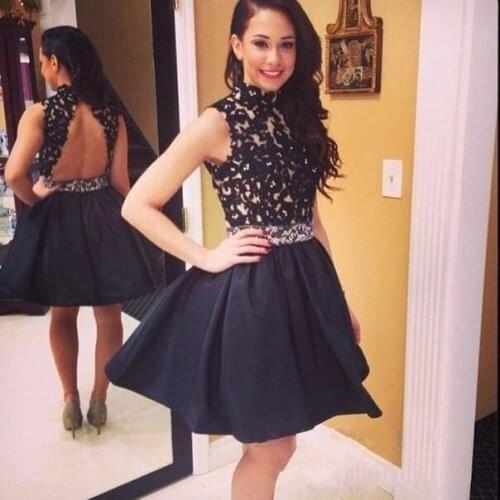 Lace Top Black Short Homecoming Dresses Sexy Backless High Neck Sleeveless Party Prom Gown