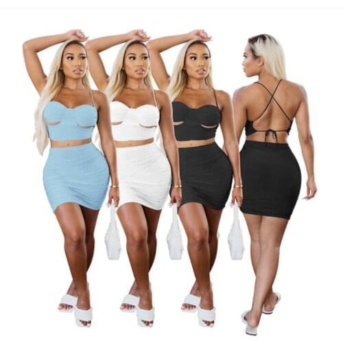 ZKYZWX Summer Outfits Two Piece Clubwear Off Shoulder Crop Top Bodycon Mini Dresses for Women Sexy Night Party Matching Sets