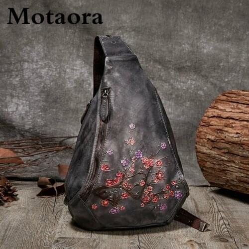 MOTAORA Womens Vintage Backpack Genuine Leather Bag Ladies Retro Floral Chest Bag Handmade Embossed Messenger Bags For Female