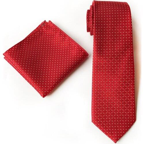Wholesale Mens Necktie Set Red Geometric Ties with Handkerchief